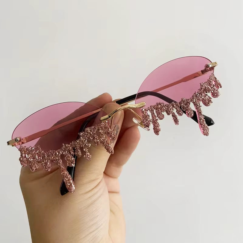 Small Oval Rimless Tear Shape Rhinestone Sunglasses with Stone Brand Designer Punk Diamond Sun Glasses Gafas De Sol
