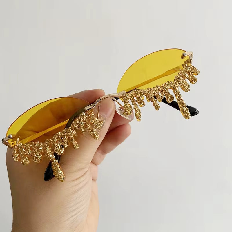 Small Oval Rimless Tear Shape Rhinestone Sunglasses with Stone Brand Designer Punk Diamond Sun Glasses Gafas De Sol