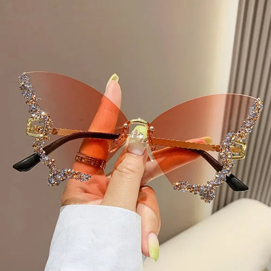 Luxury Diamond Butterfly Sunglasses Women Brand Vintage Rimless Oversized Sun Glasses Ladies Eyewear Gafas De Sol